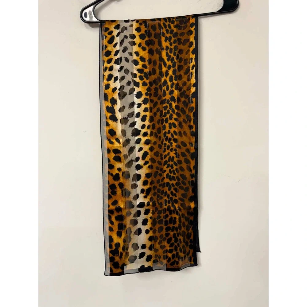Vtg Jones New York Leopard Scarf Gold Metallic Stripe Animal Brown Black 52x10